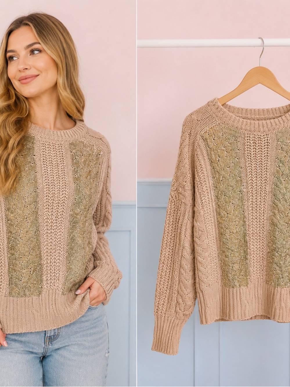 Charlotte Russe Beige Cable Knit Crewneck Sweater with Olive Panels